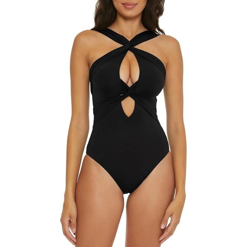 Becca Womens Color Code Swimsuit, High Neck, Bathing for One Piece, Black, M